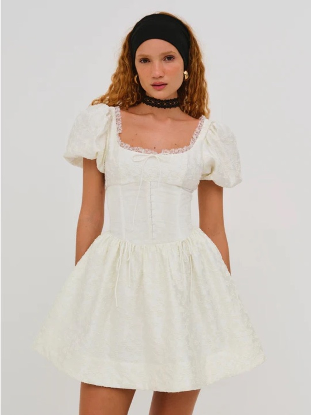 For Love & Lemons Lilibet Mini Dress - Corset Bows Puff Sleeves Bridal